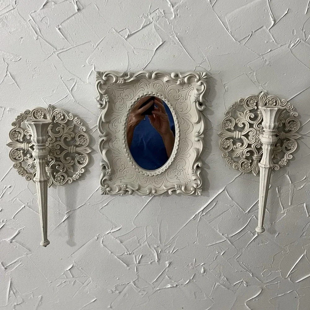 Homco  70's Wall Sconces Pair & Mirror Candleholders Chalk White MCM Boho
